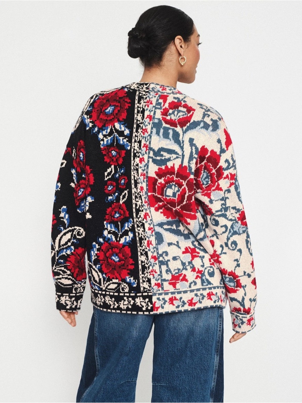 FARM Rio Multicolor Floral Patchwork Sweater — Red, Black & Blue